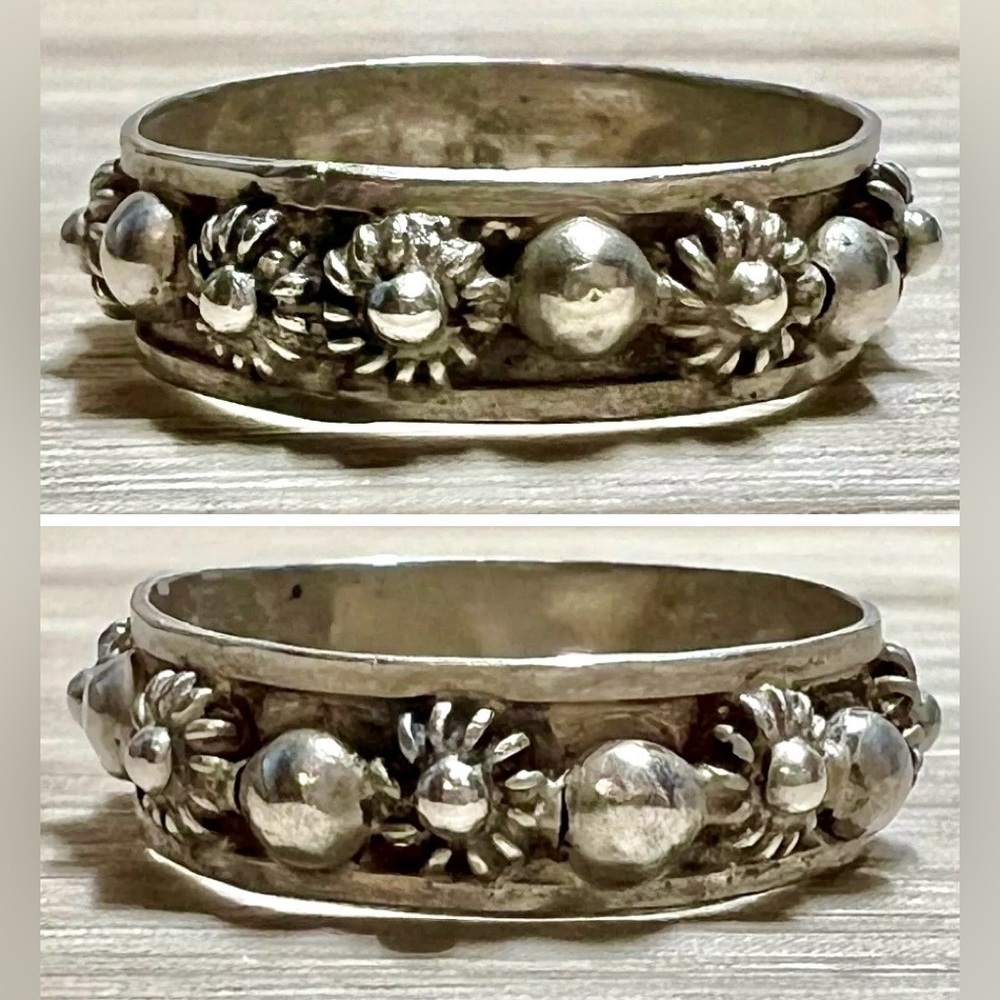 Vintage Mexico Designer DFCP Hallmarked Sterling Silver Flower Orb Ring, Size 6